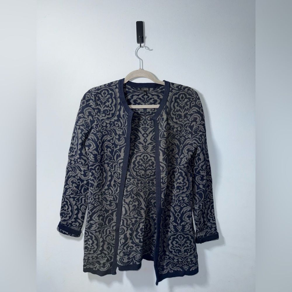 Talbots women’s Cotton Cashmere Damask Open Cardigan Size XS EUC navy & Grey
